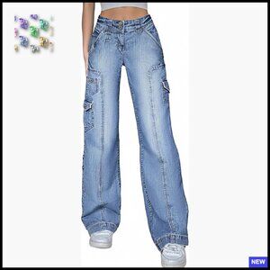 Stretchy Wide Leg Cargo Jeans Vintage Y2K Streetwear Trendy Casual Trousers